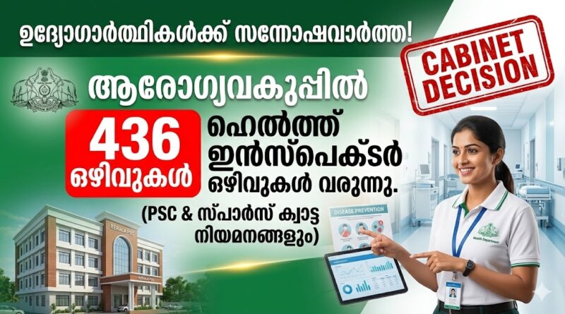 Kerala Health Inspector Recruitment 2026 cabinet approval for 436 new vacancies and sports quota jobs
